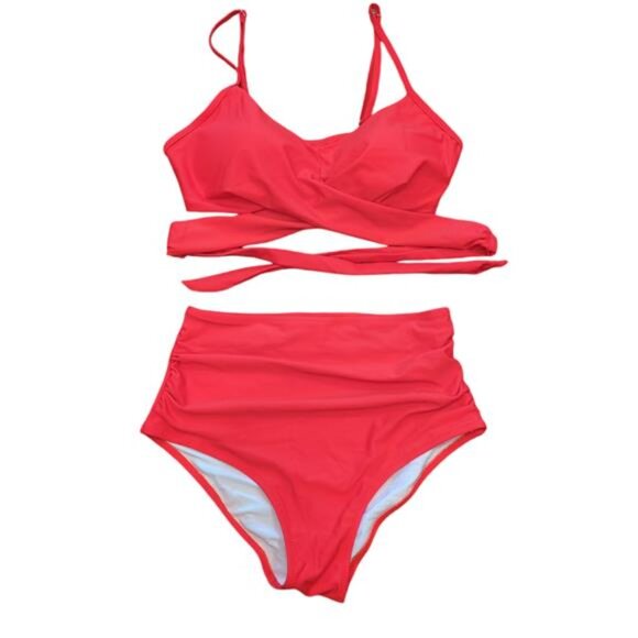 NEW Red Wrap Bikini Set Push Up High Waisted Bottoms 2 Piece Women's S - Picture 2 of 4